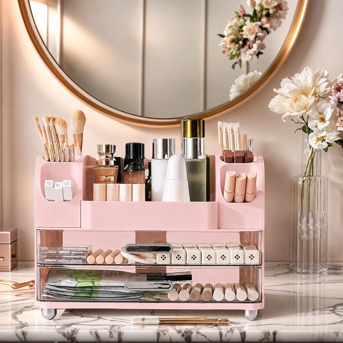 Large Makeup Organizer for Vanity - Perfume Cosmetic Display Cases | Skincare Organizers with 2 Drawers for Bathroom Dresser Desk, Easy to Store Brush Eyeshadow Lipstick Beauty Supplies, Pink