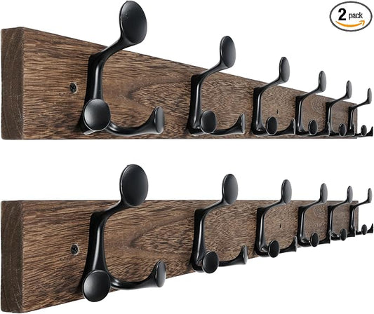 WEBI Coat Rack Wall Mount,36" Solid Wood Coat Hooks Wall Mounted Coat Hanger,16" Hole to Hole,Heavy Duty Hook Rack Rail,6 Triple Hooks for Hanging Coats,Jacket,Clothes,Hat,Weathered Brown,2 Packs