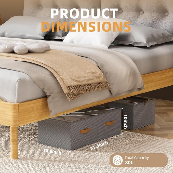 4 Pack Under Bed Storage Bins,10 Inch Tall, Light Gray, 31.5x15.8x10 inch | Underbed Clothes Storage Containers, Clear Window, For Closet, Bed Sheets and Blankets