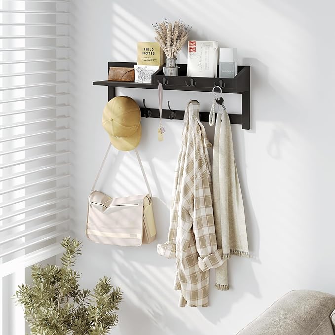 AMBIRD Wall Hooks with Shelf, 26.57 Inch Entryway Wood Coat Hooks for Wall, Coat Rack Wall Mount Rack with 5 Dual Hooks 3 Key Hooks Mail Organizer and Key Rack Key Holder (Black)