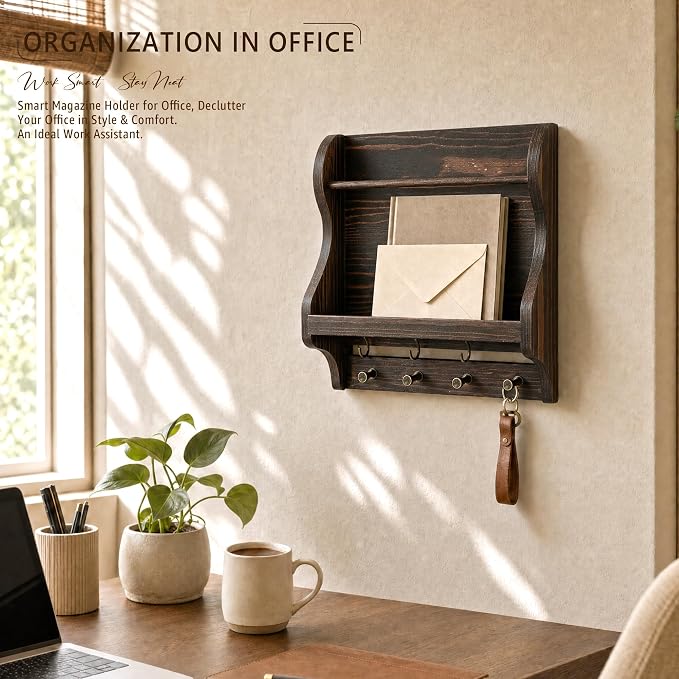 Pine Wood Mail Organizer Wall Mount with 7 Hooks Entryway, Vintage Brown | Mail Holder for Wall, Living Room, Home Office, Magazine Holder for Paper Storage, Home Organization, Apartment Aesthetic