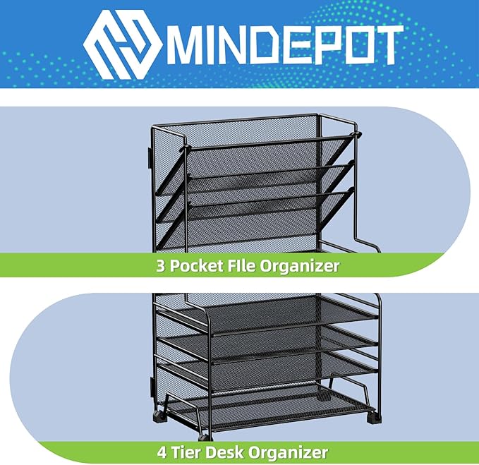 MINDEPOT 4-Tier Paper Organizer + 3-Pocket File Holder + Drawer + Pen Holders, Desktop File Organizers Paper Tray for Office Supplies School Classroom Organization (Black, No Drawer & Pen Holder)