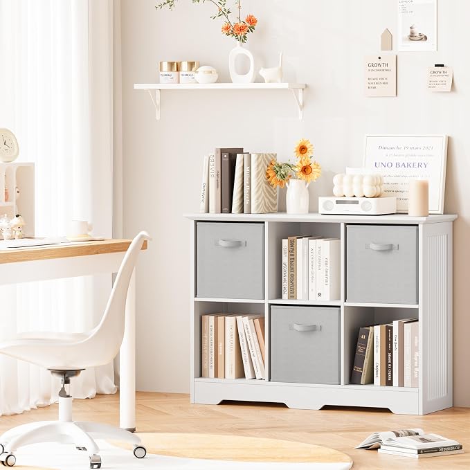 6 Cube Storage Organizer Shelf, Wood Cubby Storage with 3 Fabric Drawers | 2 Tier Wooden Bookshelf with 2 Adjustable Shelves, Fluted Side Panels Bookcase for Bedroom, Living Room, Home Office, White