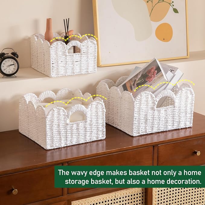 OIAHOMY Scalloped Wicker Baskets, Hand-woven Storage Baskets with Built-in Handles, Paper Rope Shelf Baskets for Organizing and Decoration, Set of 3-White