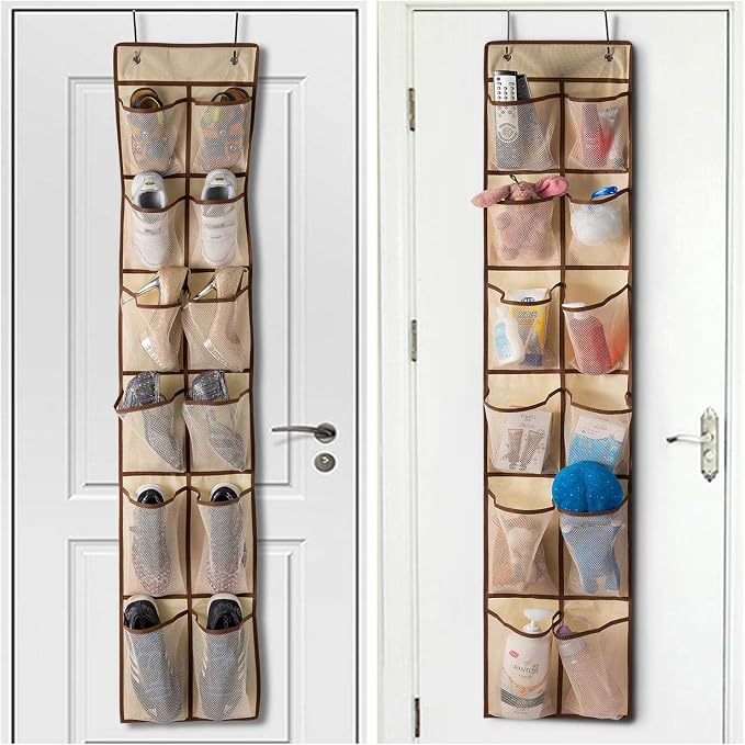 KEEPJOY Over The Door Shoe Organizer,Hanging Shoe Organizer 12 Mesh Pockets Shoe Organizer for Closet,Works Well for Men and Woman Kids Shoes Storage, 57.5×12.6inch(Beige)