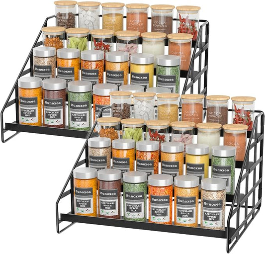 Bunoxea 4 Tier Adjustable Spice Rack for Cabinet & Countertop, Black 2Pack | Depth Adjustable,Anti-drop Guard Rail,Tiered Cabinet Organizer,Holds 24+ Jars,for Cabinet, Pantry & Kitchen Countertop