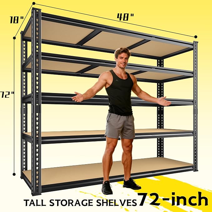 48" W Garage Shelving Heavy Duty 2800LBS Garage Storage Shelves, 5 Tier Adjustable Metal Shelving Unit Utility Rack Shelf for Warehouse, Pantry, Closet, Kitchen 72" H x 48" W x 18" D, Black，2PCS
