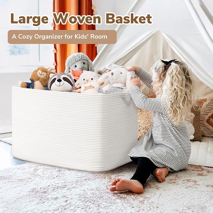 Goodpick 105L Extra Large Woven Blanket Basket, Cotton Rope, White | 25 x 16 x 16 in, Rectangle, Living Room, Bedroom & Nursery Organization, Blankets, Clothes & Toys Storage