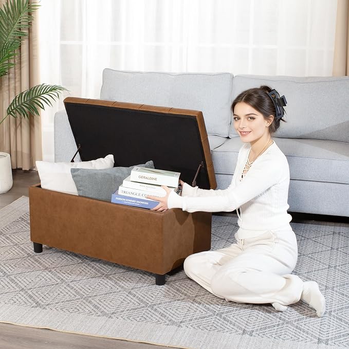 Joveco Storage Ottoman Bench, 32 Inches Faux Leather Rectangle Tufted Foot Stool for End Foot of Bed, Bedroom, Living Room,Warm Golden Brown
