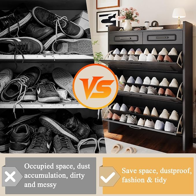 ODUWA Shoe Cabinet with 3 Flip Drawers and 2 Storage Drawers, Shoes Organizer Cabinets with Adjustable Divider, Hidden Shoe Storage Cabinet for Entryway, Hallway, Living Room, Black
