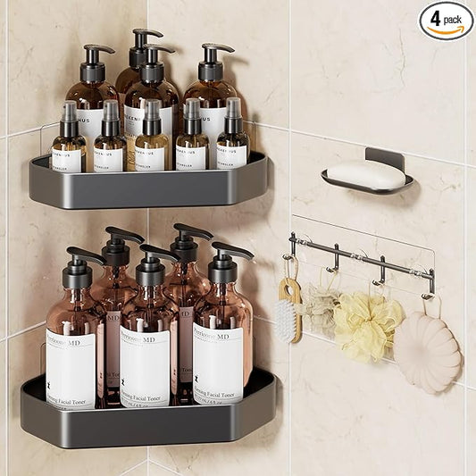 Veken Aluminum Corner Shower Caddy 4-Pack, Never Rust&Large Capacity, Grey | No Drilling Shelves, Rack with Soap Holder&Towel Bar, Super-Strong Adhesive for High Load, Bathroom Organizers and Storage