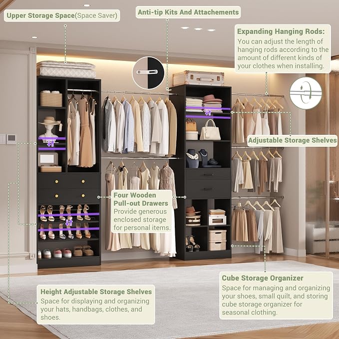 Besiost Closet System, Up to 128.6"/10.7 FT Closet Organizer with 4 Wooden Drawers and Shelves, Walk-in Closet System with 6 Hanging Rods, Built-in Closet Can Fit 96"/8FT, 120"/10FT, Black Set 2