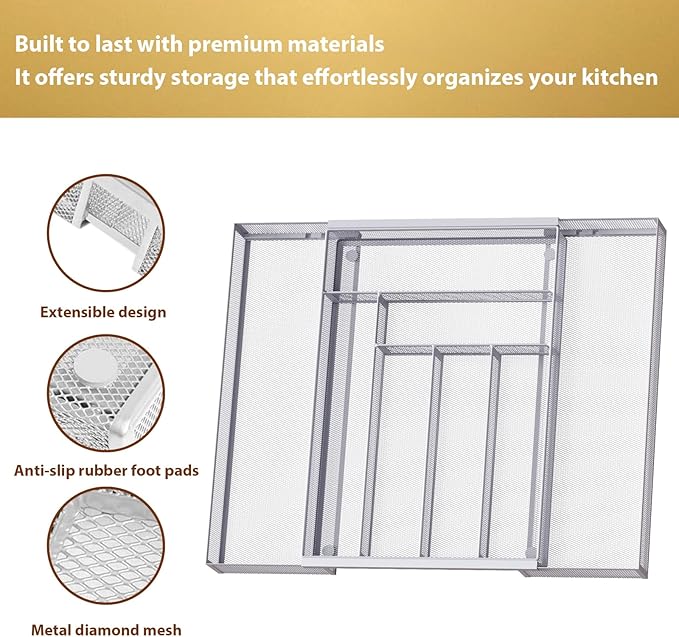 Sedegn Silverware Organizer Metal Mesh, Large Drawer Organizer, Utensil Cutlery Tray for kitchen drawers, Expandable Flatware Organizer with 8 Compartment Silver 11.6"~20" x 17.3"