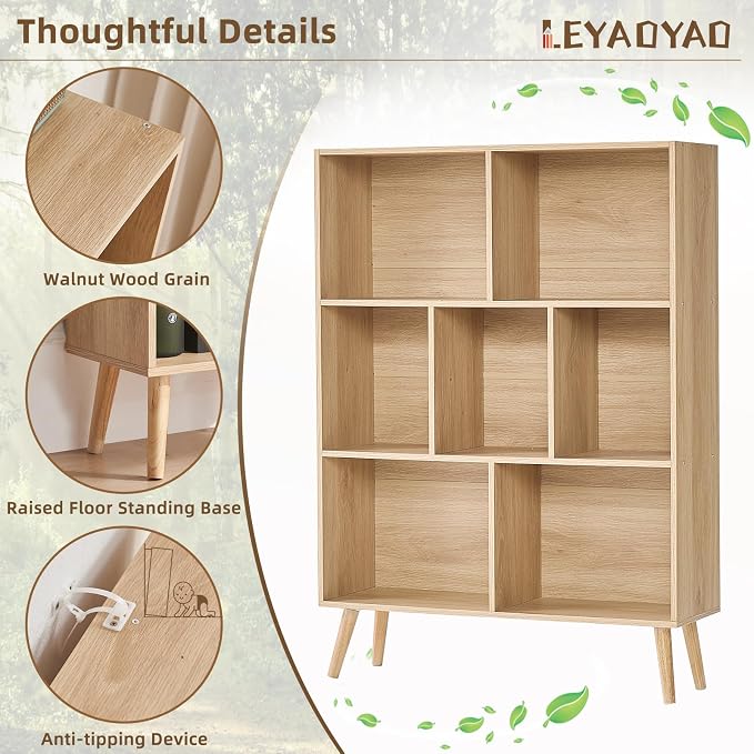 LEYAOYAO Cube Bookshelf, Mid-Century Modern Book Shelf with Legs,Light Wood | 3 Tier Bookcase, Rustic Wood Bookshelves Freestanding Small Storage Organizer, Open Shelves for Bedroom, Living Room, Office