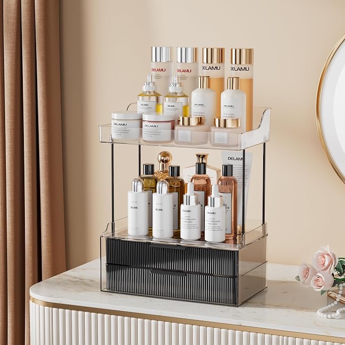 Delamu Bathroom Organizers and Storage, 2 Tier 2 Drawer Makeup Organizer Countertop, Easy to Install, Ideal for Bathroom Counter, Vanity, Large Skincare, Perfume, Present, Desk and More, Black | Elegant Vanity Organizer Gift for Women, Holds Perfume, S...