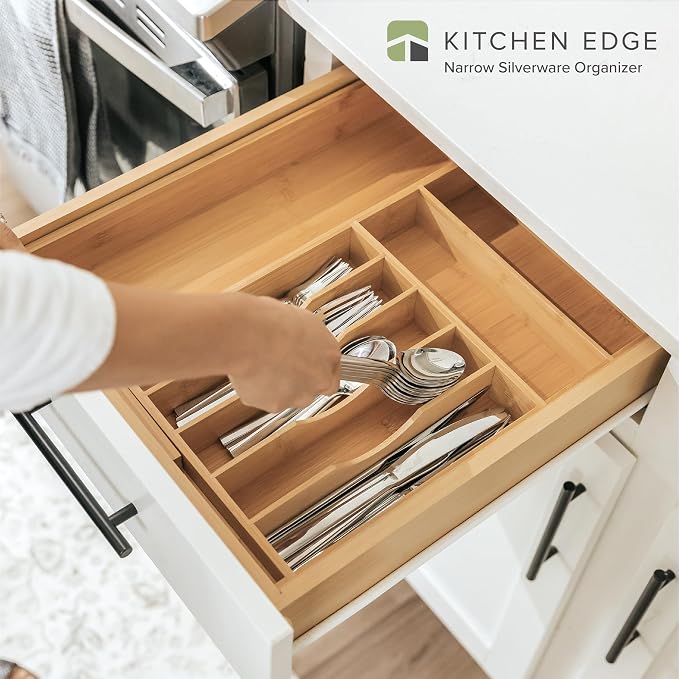 KitchenEdge Silverware & Utensil Drawer Organizer, 10.5-19 in, Bamboo | Cutlery, flatware, food-safe contract grade, kitchen drawer fit