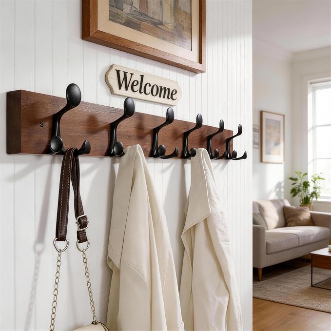 WEBI Coat Rack Wall Mount,36" Solid Wood Coat Hooks Wall Mounted Coat Hanger,16" Hole to Hole,Heavy Duty 6 Triple Hooks for Hanging Coats,Jacket,Hat,Backpack,Farmhouse,Reddish Brown