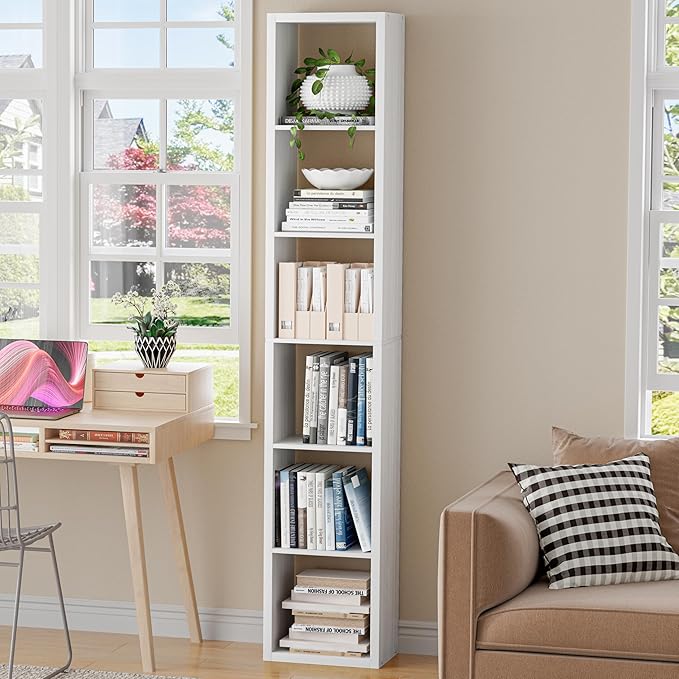 VDNEND Tall Cube Storage Organizer Bookcase, 6 Tier 11 inch Open Back Cubical Shelf with Thickened Border, Display Bookshelf for Living Room, Home Office, Sturdy Room (White, 6 Cube,Vertical)