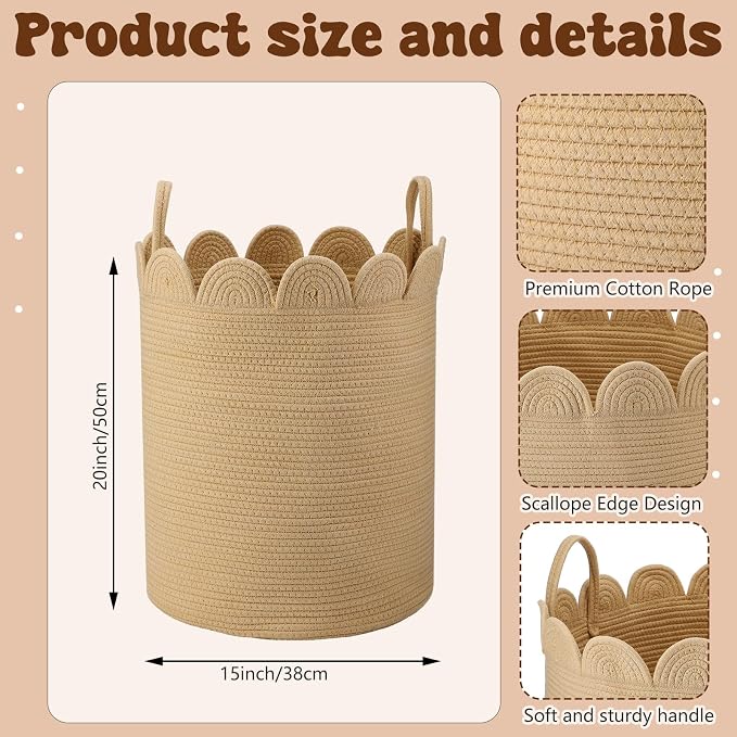 LemonRoad Brown Round Tall Basket Large Blanket Basket 15" x 20" Scalloped Woven Baskets Cotton Storage Baskets for Nursery Classroom Closet Blankets Storage Home Decor