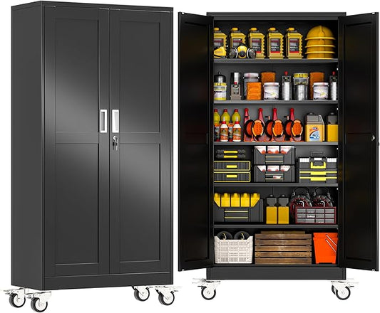 GAIOUS 73.6” Tall Metal Garage Storage Cabinet with Lock, Steel Tool Cabinet with 5 Adjustable Shelves, New Upgrade Lockable File Cabinet with Wheels, Organization for Home Office Garage Gym - Black
