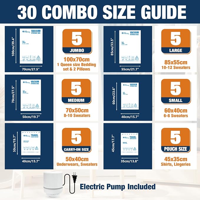 HIBAG Vacuum Storage Bags with Electric Pump, Vacuum Seal Bags for Clothing, Pillows, Blanket Bedding Comforters, 30 pack