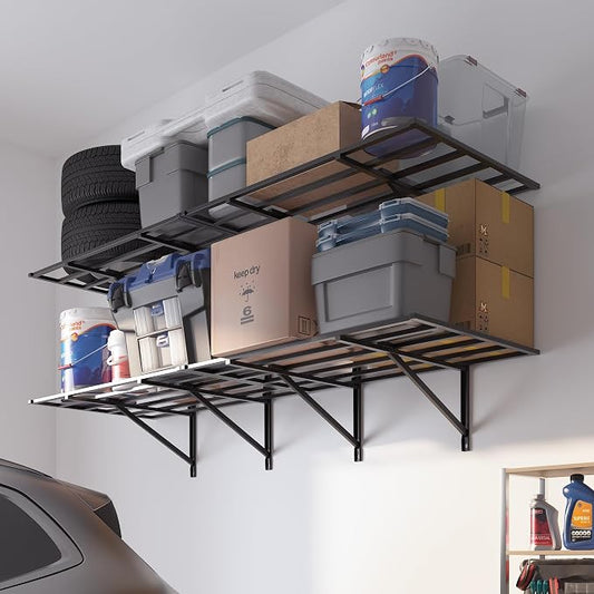 FLEXIMOUNTS 2 Pack 2x6ft Heavy Duty Garage Storage Shelving, 1600lbs, Black | Powder-Coated Steel, 24" x 75" Wall Mounted Garage Shelves for Storage Bins, Tool Boxes, and Bulk Storage, Pro Series