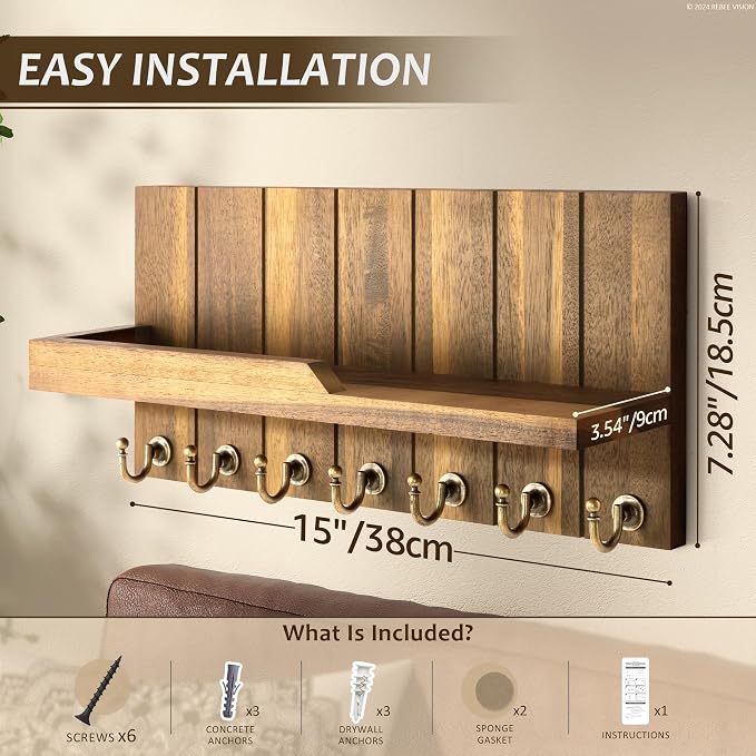Rebee Vision Acacia Wood Key Holder Wall Mount for Home Decor, Brown | 3.54" x 15" x 7.28", 7 Key Hooks, Floating Shelf, Key Holder for Wall, Coat and Hat Storage, Rustic Home Organization