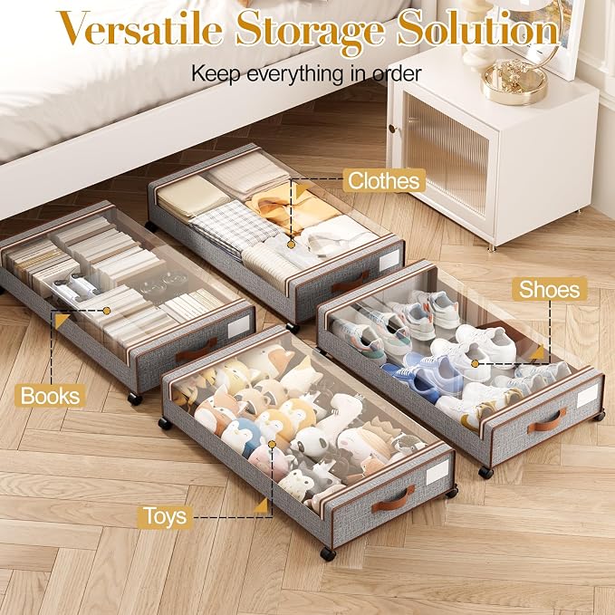 Yecaye Under Bed Storage with Wheels, 2 Pack Under the Bed Storage Containers with Lids & Label, XXL 60 L Rolling Underbed Storage Drawers for Clothes, Blankets, Shoes