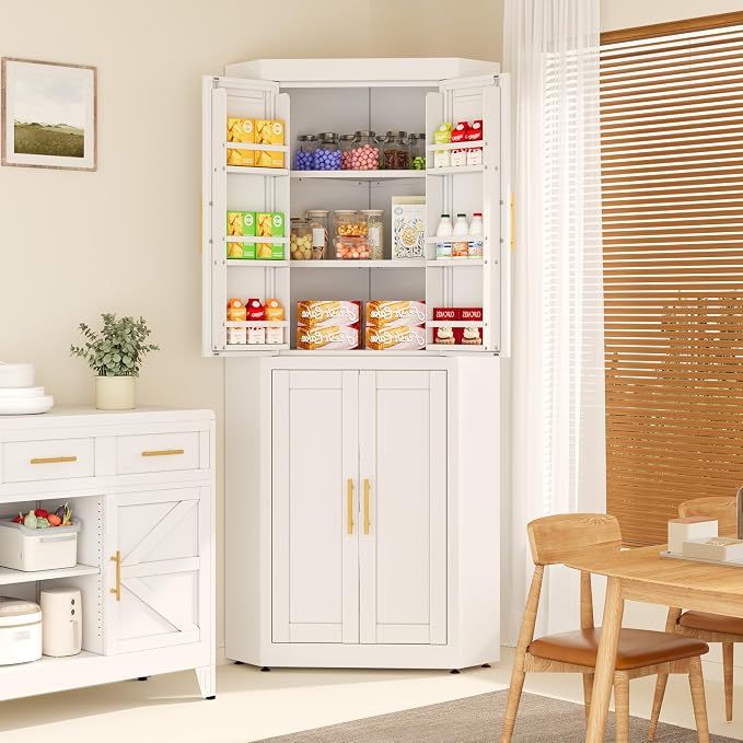 Farmhouse Corner Cabinet, 63" Tall Corner Storage Cabinet with 4 Doors & 3 Adjustable Shelves, Free Standing Storage Cabinet for Living Room, Kitchen, Bathroom, White