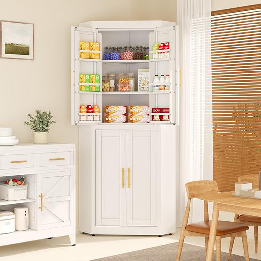 Farmhouse Corner Cabinet, 63" Tall Corner Storage Cabinet with 4 Doors & 3 Adjustable Shelves, Free Standing Storage Cabinet for Living Room, Kitchen, Bathroom, White