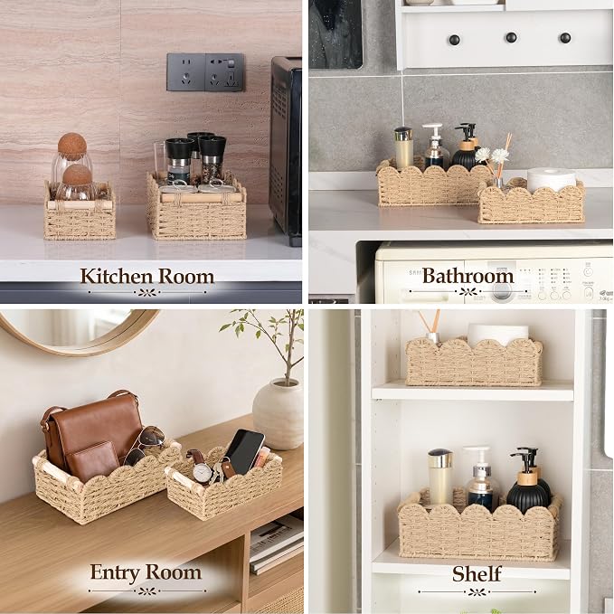 iEGrow Paper Rope Small Storage Baskets for Organizing, Set of 2 Scalloped Edge Wicker Basket with Wooden Handles Toilet Paper Basket for Over Toilet Storage Shelf, Home Decor, Living Room (Beige)