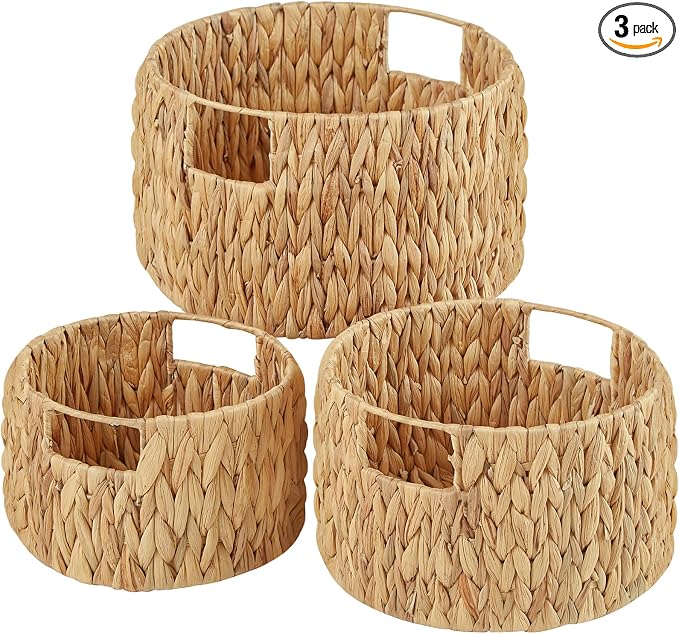 Wicker Storage Basket, Hand-Woven Water Hyacinth Large Round Woven Basket With Handles, Wicker Baskets for Organizing/Storage, 3-Pack