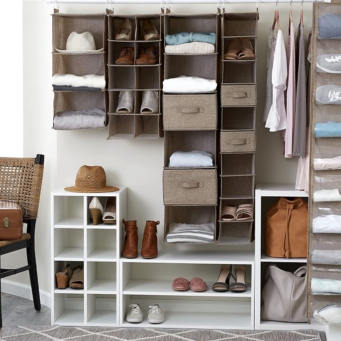 Household Essentials 10‑Pocket Hanging Shoe Organizer with Side‑by‑Side Canvas Storage and 2 Hooks for Support, Beige