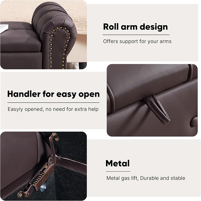 Storage Bench 51" Faux Leather End of Bed Benches Dark Brown | Queen Size Storage Bench for Bedroom with Rolled Arms Tufted Ottoman Benches Upholstered Bench for Living Room Entryway