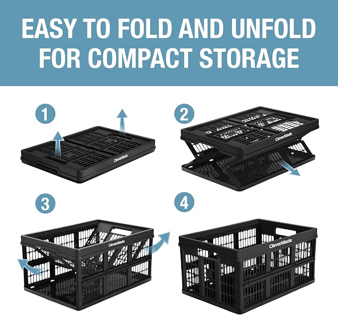 CleverMade Collapsible Utility Crate, 45L, 66 lb, Obsidian | Interlocking crates stack open or folded and carry 66 lb each. Side handles make groceries, tools, and gear easier to move.