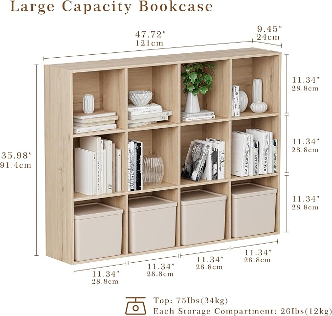 VDNEND Wooden Cube Storage Organizer with Closed Back Panel, 11in Cube Shelf Opening, Bookshelf, Display Shelf,Closet Cabinet for Home and Office (White Oak, 12-Cube 35.98L*9.45W*47.72H)