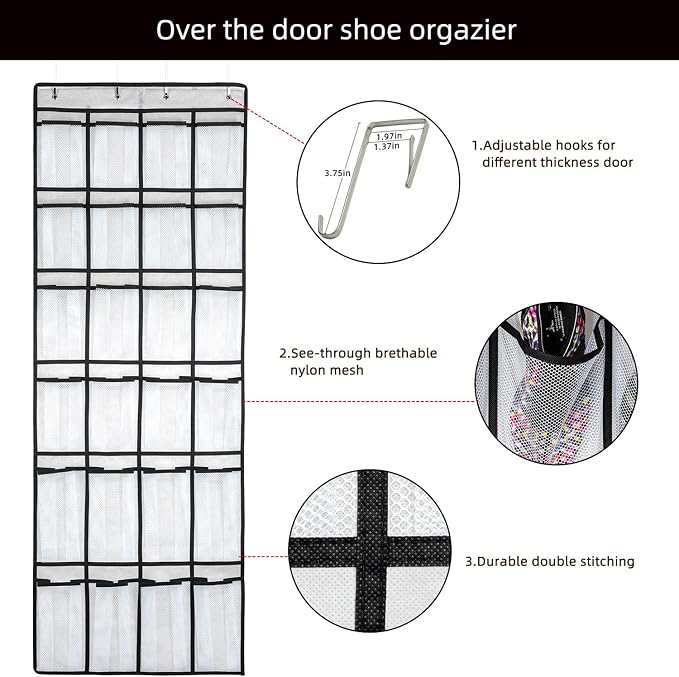 SAVERHO Hanging Shoe Organizer, Over The Door Shoe Organizer with 24 Mesh Large Pockets Door Shoe Rack for Men Women Kids Hanging Door Shoe Holder Size:58x21 Inch (White-2pack)