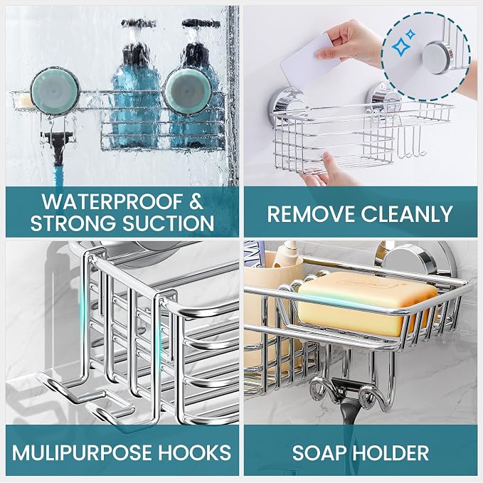 TAILI Shower Caddy Suction Cup with Hooks & Soap Holder, Heavy Duty Bathroom Shower Organizers, Removable Bathroom Shelves for Inside,Stainless Steel Bathroom Holder