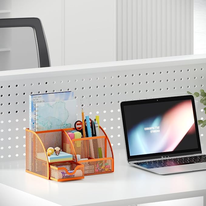 EasyPAG Mesh Desk Organizer with Drawer Multi-functional Pen Holder Stationery Organizer for Office School Supplies 6 Compartments Dorm Organizers and Storage for Desk, Orange