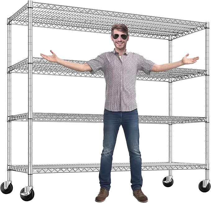 REIBII 4-Tier Heavy Duty Shelving with Wheels,2480LBS Chrome Storage Shelf | 24"D, 600lbs per shelf, adjustable wire shelving, garage, pantry, commercial, kitchen, warehouse,leveling feet,easy assembly