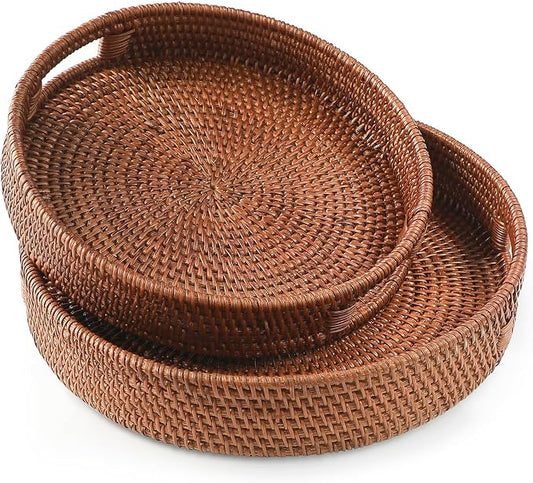 HITOMEN Hand-Woven Round Rattan Serving Tray Decorative Ottoman Wicker Platter with Handles for Coffee Table, Breakfast, Drinks, Snack, Bread, Fruit, Vegetables (Brown Set of 2: M+L)