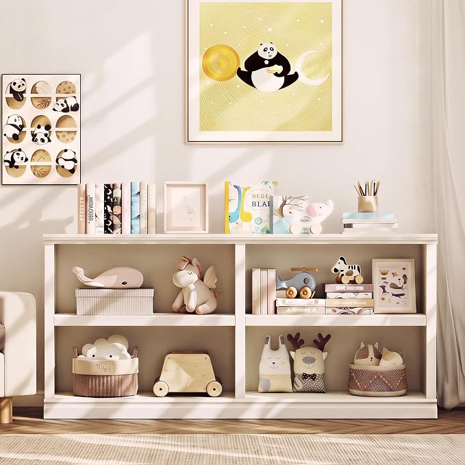 64" W Double Wide Horizontal Bookshelf, 2 Tiers 4 Storage Cube Book Case | Open Shelf Bookcase, Display Cabinet Organizer Indoor Furniture, Home Library Office, White, Adjustable Shelf