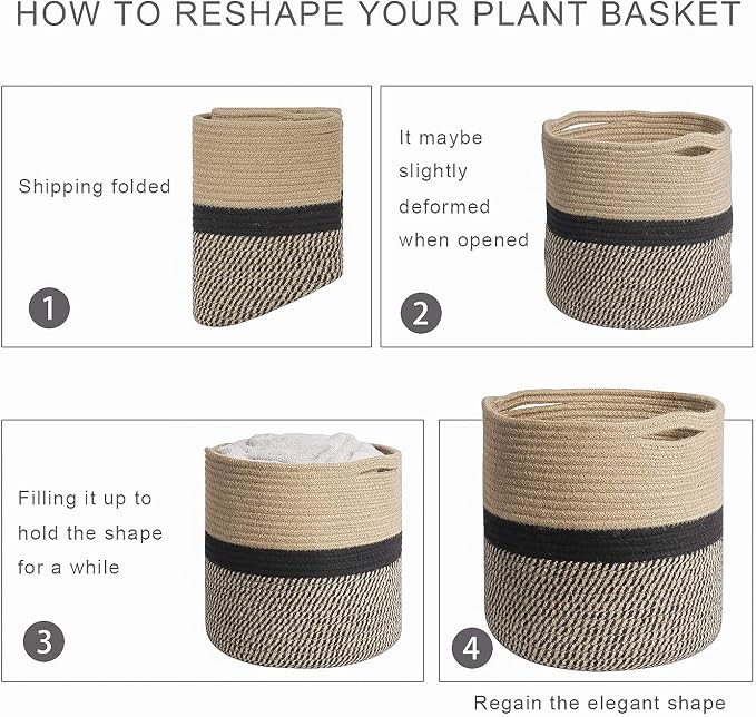TIMEYARD Jute Rope Plant Basket, Planters for Indoor Plants, Black and Jute | 11" x 11" Storage Organizer Basket Rustic Home Decor, Wicker Planter, Woven Pot for Indoor Plants