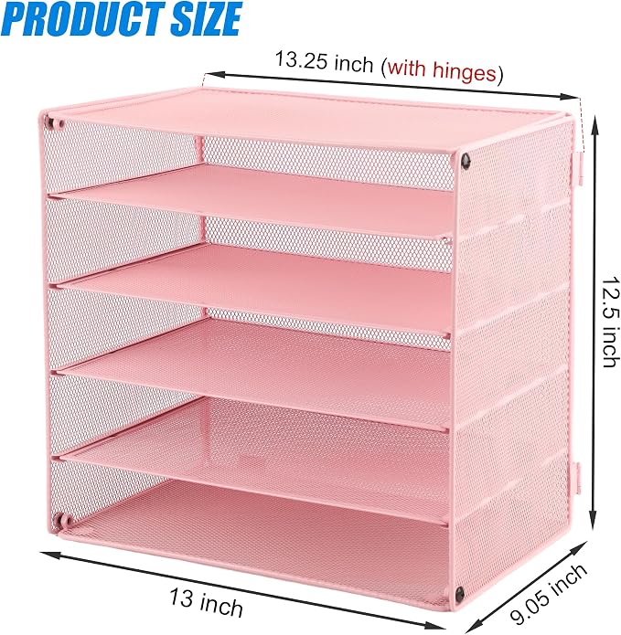 5 Slot Mesh Desk Organizer Tray, File Paper Letter Folder Holder Desktop Paper Sorter Mail Organization Rack Storage Accessories, for Office Home School Classroom, Pink