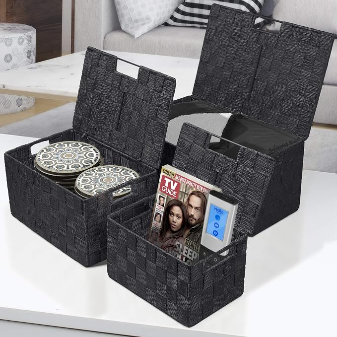 Sorbus Set of 3 Black Woven Storage Baskets with Lids – Mesh Hand-Woven Bins for Closet, Shelf, and Linen Organization – Variety Pack