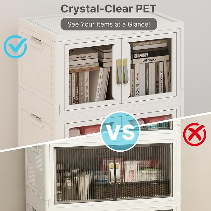 Stackable Storage Bins with Lids, 720QT Extra Large Storage Cabinet | Clear Doors, Foldable Storage Drawers, Heavy Duty, Collapsible Closet Organizers for Bedroom Office (4, White, 180, Quarts)