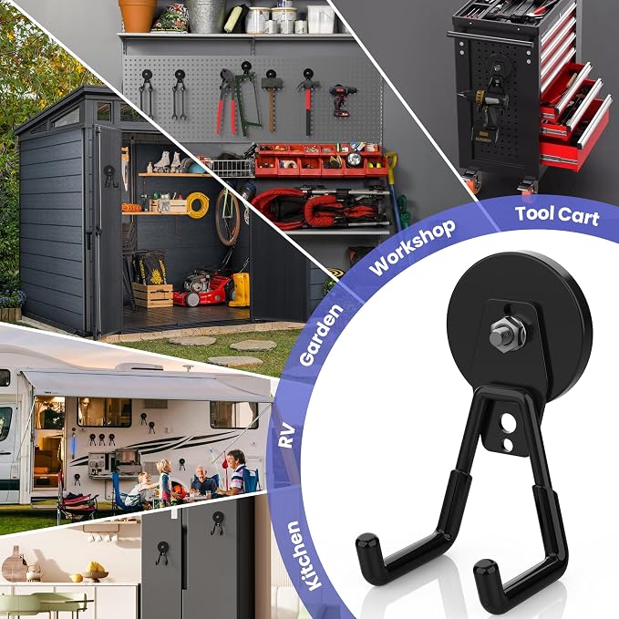Extra Large Heavy Duty Magnetic Hooks, Large Strong Magnet Hooks, Industrial Magnetic Hooks With Anti-Slip Coating, Magnetic Utility Hooks For Garage, Workshop & Garden Tools Organization (4Pcs Black)