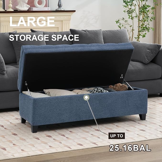 51" Storage Ottoman for Bedroom & Living Room, End of Bed Bench with Black Wooden Legs, Linen Upholstered Tufted Ottoman, Entryway Storage Bench, Dark Blue
