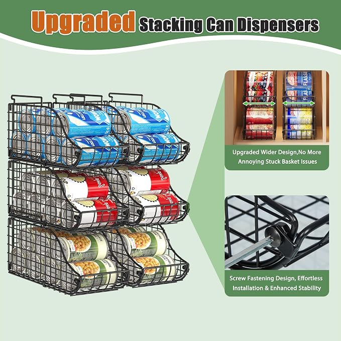 Sonyabecca 8 Pack Stackable Can Organizer for Pantry Cabinet Food Storage | Wire Storage Rack Holds Up to 72 Cans, Beverages and Food. Small Metal Organizer for Kitchen Counters, Fridges and RV