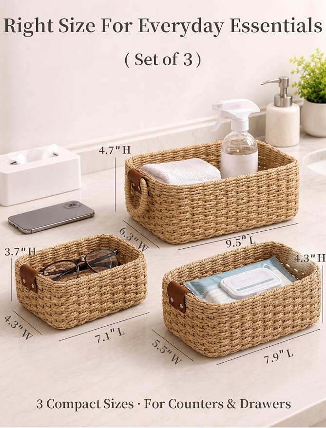 Small Wicker Baskets, 3 PCS Paper Rope Baskets for Shelves, Brown | Recycled Small Baskets, 3 Sizes Woven Baskets for Organizing, Decorative Storage Baskets for Bedroom and Bathroom